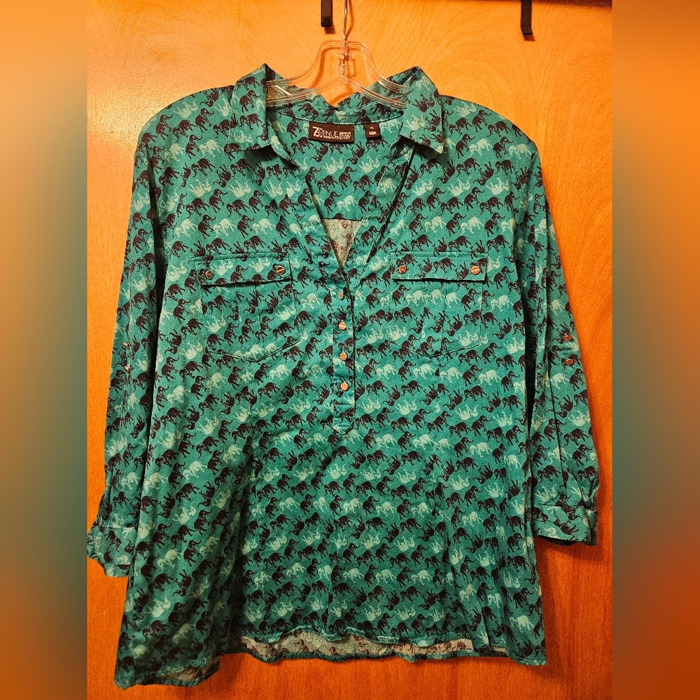 Teal Elephant Print Women's Button Down Shirt